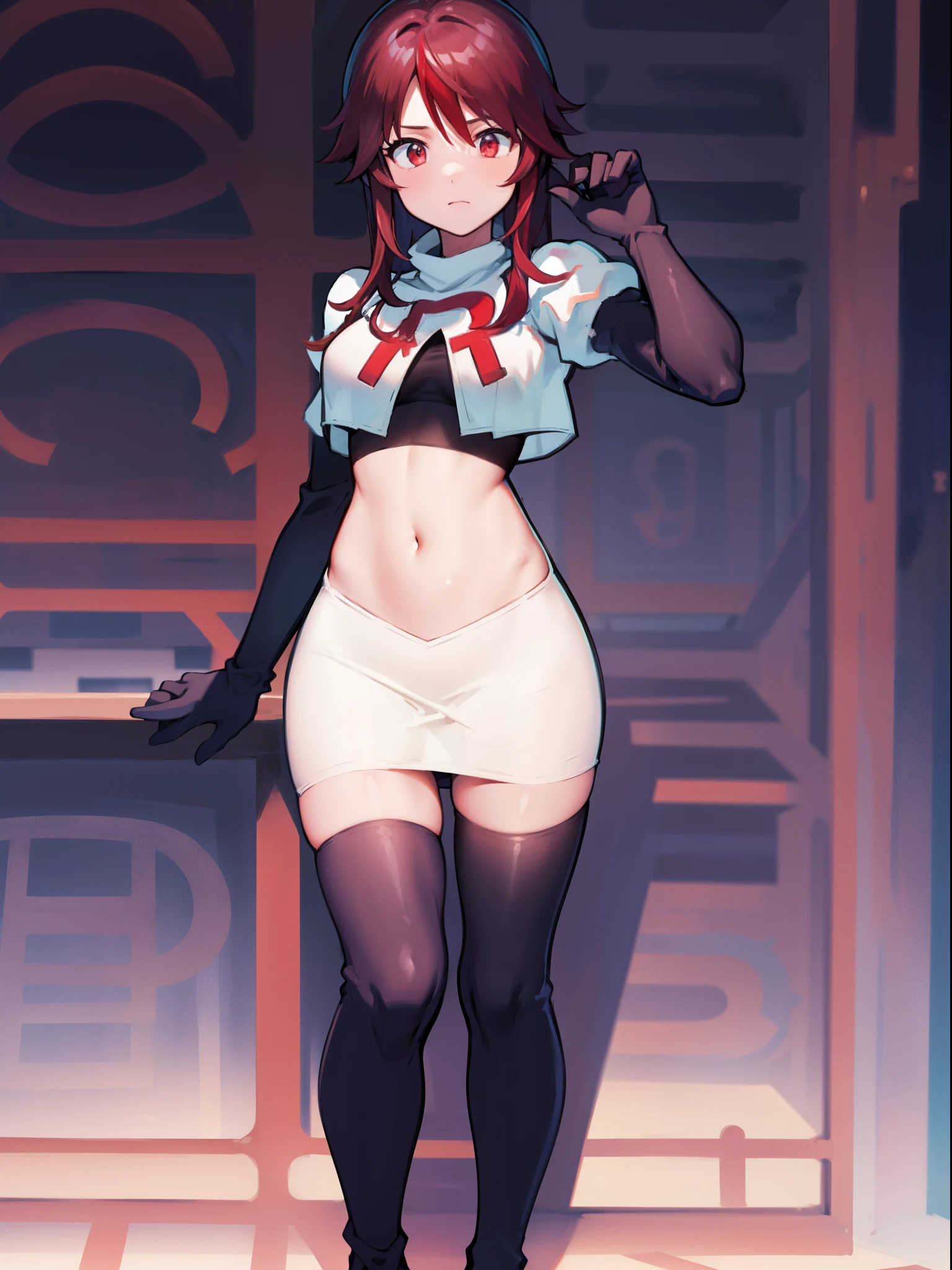 rosariarnd, team rocket,team rocket uniform, red letter R, white skirt,white crop top,black thigh-highs,black elbow gloves