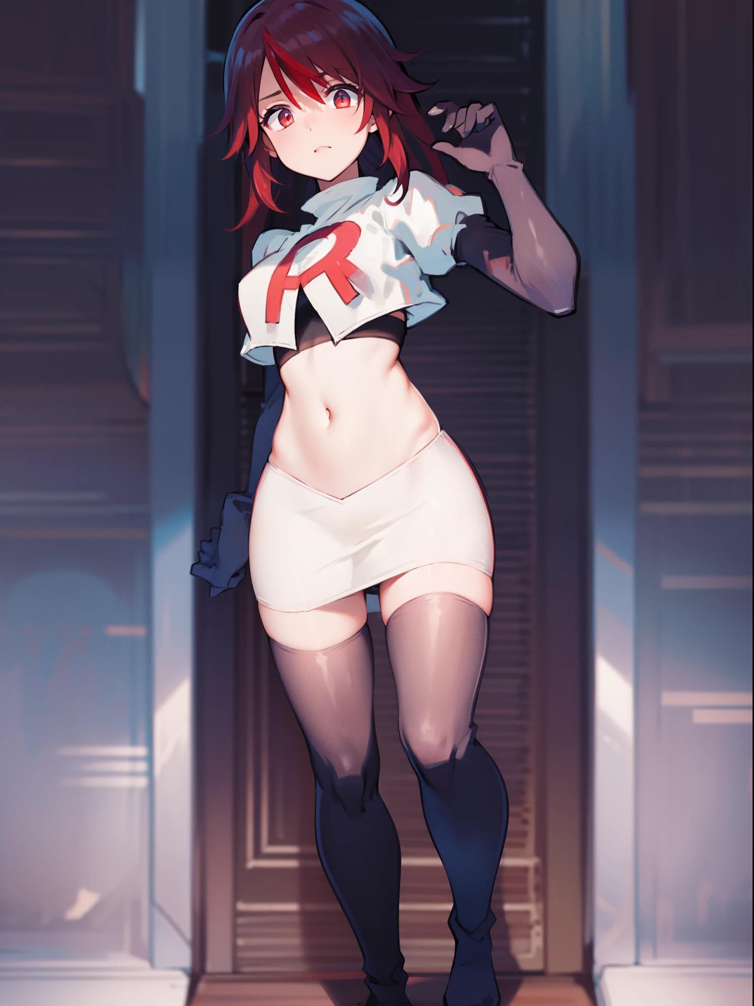 rosariarnd, team rocket,team rocket uniform, red letter R, white skirt,white crop top,black thigh-highs,black elbow gloves