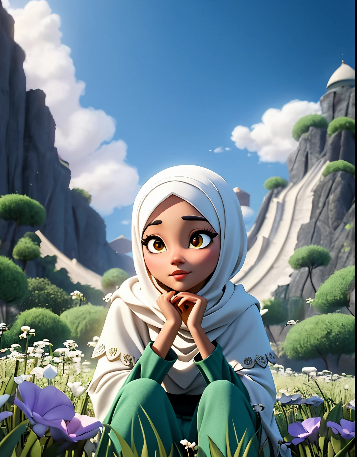 A cute muslim gril play with snow,A realistic,Ultra detailed, 8K, HDR, Octane Render, Redshift, Unreal Engine 5. Professionally color graded, atmosphere, amazing depth, rich colors, powerful imagery, psychedelic overtones, 4K, 8K.