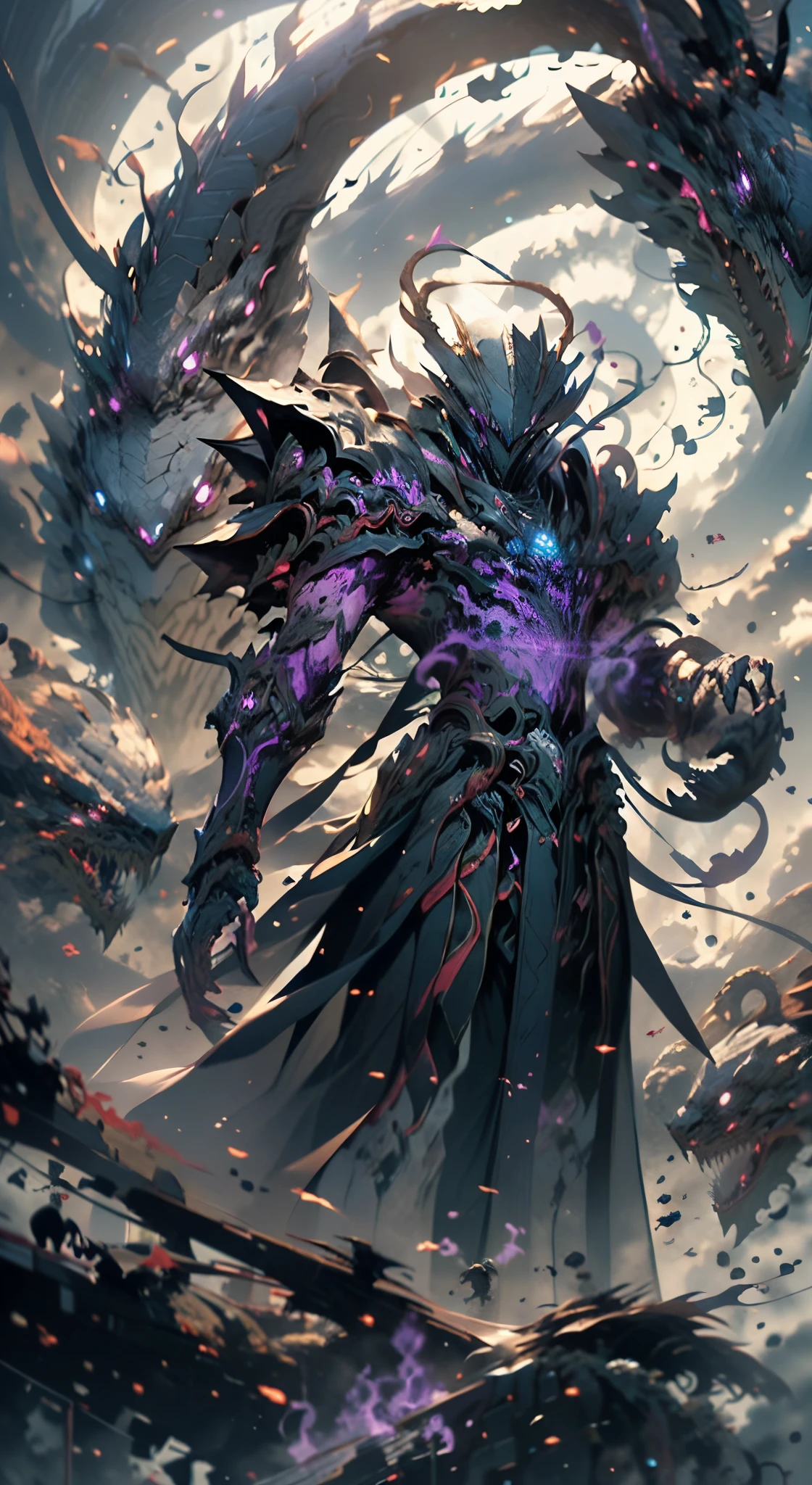 (absurdos, Altas, ultra detalhado, HDR), master part, best quality, Dark Male Reaper with Scythe Sitting on Demon with a Giant Eye, em olhar arrogante, sozinho, ceifador, macho,foice enorme,foice incandescente, demon eyeball, globo ocular gigante, nojento, black demon wing, demon horn, Handsome, olho roxo, olho brilhante, Manto Preto, earring and accessory, peito nu, cara arrogante, corpo inteiro, magic vortex, spark, redemoinho, aura preta e roxa, dark purple overcast sky, abismo, Resumo Antecedentes, de lado, pesquisar, sorriso maligno