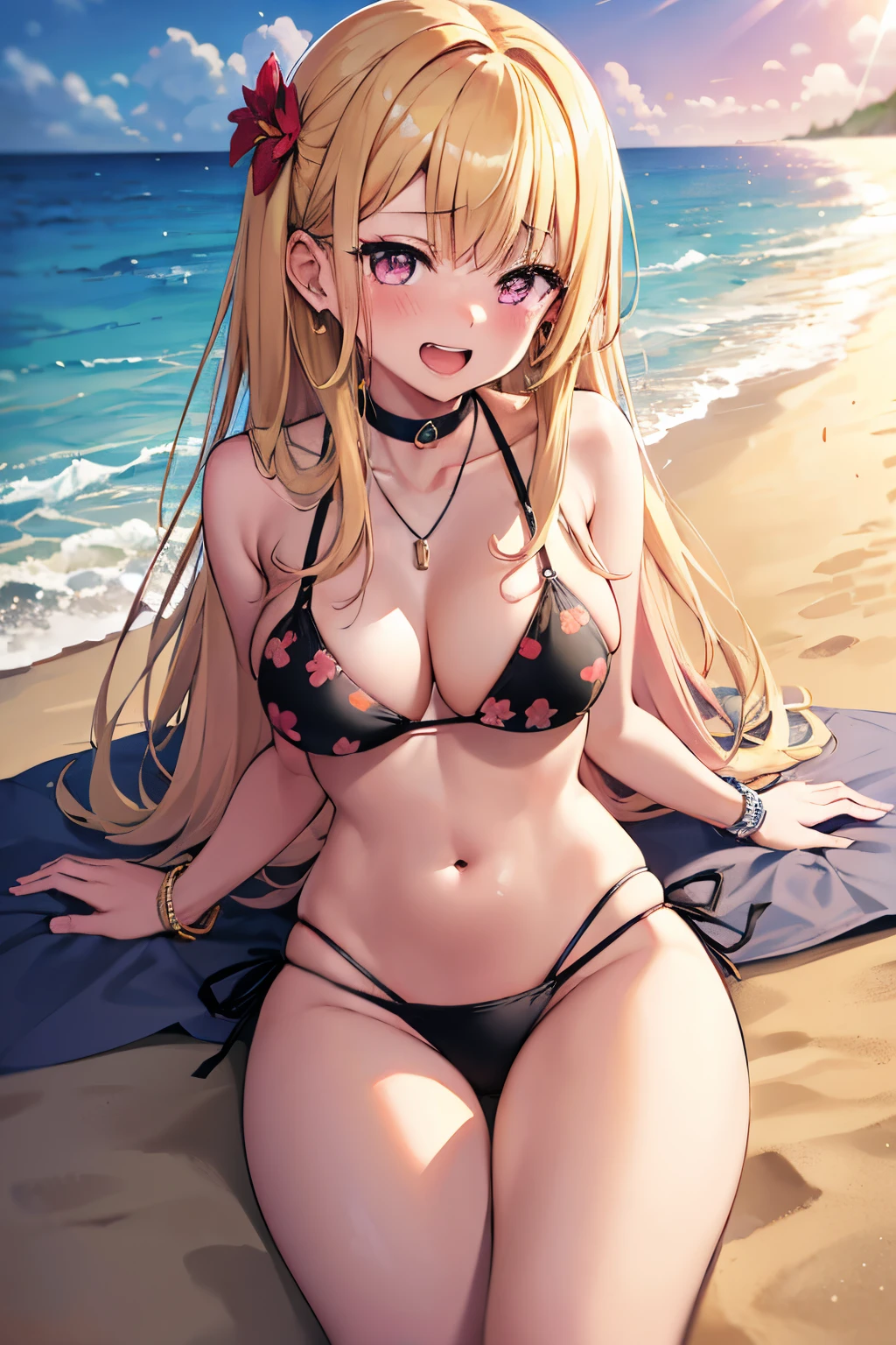 1girl, alone, Marin Kitagawa, long hair, blonde hair, pink tips, pink eyes, open mouth, embarrassed, seductive, smiling, open mouth, sexy posture, earrings in her ears, necklace around her neck, blue bracelet in her hand left, bracelet with red balls on her right hand, pink lipstick, right hand holding hip, black bikini, black bra, black string thong, Print, floral print, light yellow flower print, lying on the sand, Beach, Sea, Lighthouse on the coast, sunny, sunset, good lighting, large breasts, medium waist, medium hips, wide thighs,