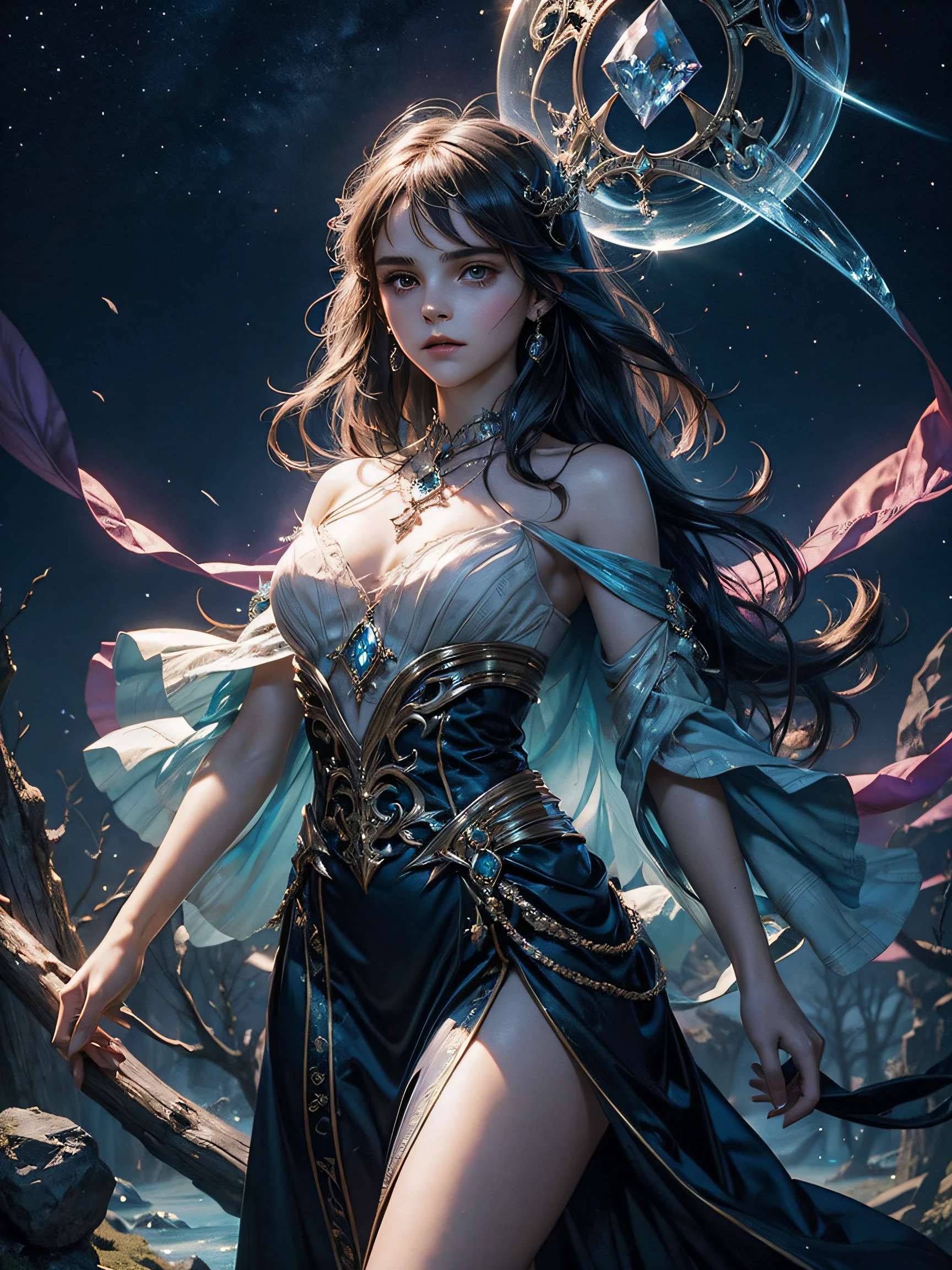Digital painting by MSchiffer of a female Goddess, her physical body is transforming into smoke, wearing elegant robes as clothing that flows in the air in a waving way, perfectly detailed delicate face, soft features, the environment is the heart of a heavenly forest with trees and vines made out of nebulas and stars, in a classical style, celestial and cosmic, bold colors, soft billowing smoke, glowy cosmic flowers, billowing, cinematic lights, fantasy art, surreal, high contrast, HDR+, bokeh effect, cosmic, cosmos, nebula