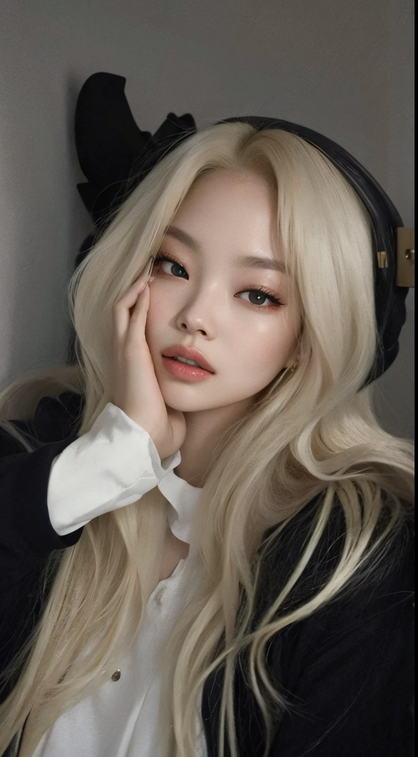 Jennie loira com fones de ouvido sentada em uma sala, ava max, Retrato de Kim Petras, longos cabelos loiros e olhos grandes, menina perfeita de cabelos brancos, very very pale blond hair, longos cabelos loiros e olhos grandes, cabelos loiros e olhos grandes, extremely pale blond hair, o cabelo dela branco, blonde girl, foto de perfil headshot, 18 anos, jennie blackpink