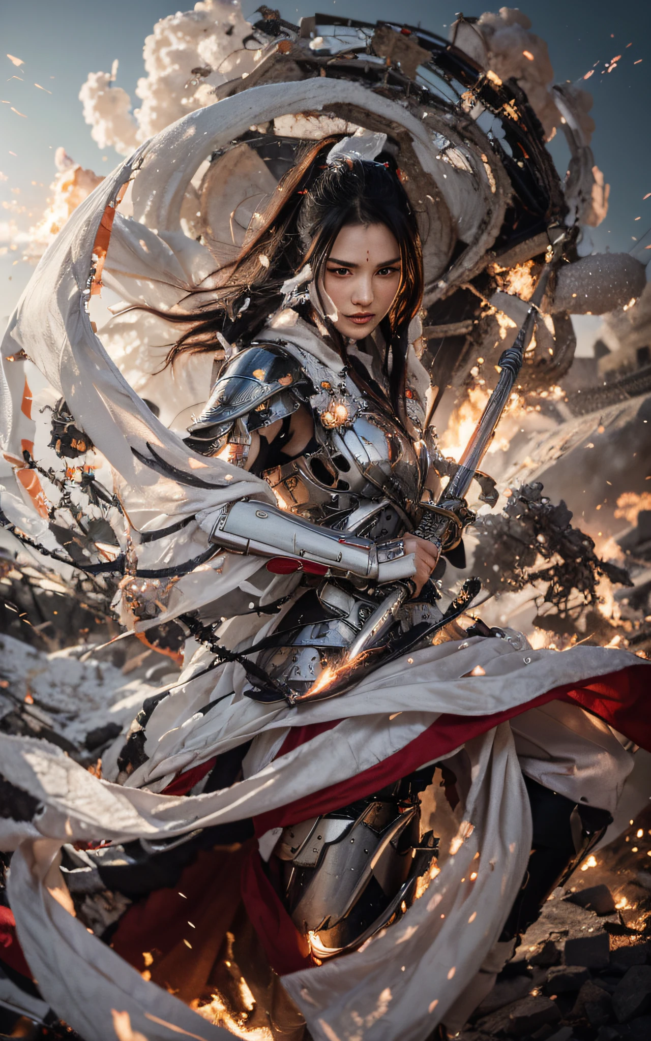 Hermosa mujer guerrera, Cara japonesa, Pelo negro muy largo, Modern Japanese style cyborg full heavy metal armor, color rojo con detalles blancos, Ropa de seda blanca, holding an ultra-modern laser-edged sword, she is in a completely destroyed modern asian city, Fuego, Explosiones, humo, 4k, Imagen ultra detallada, realista, Altamente detallado, perfect composition, splendid, Intrincadamente detallado, Incredibly detailed, 8 k artistic photography, hiper detallado, Obra maestra, Ultra detallado, hiperrealista, 4k, Imagen ultra detallada, realista, Altamente detallado, perfect composition, splendid, Intrincadamente detallado, Incredibly detailed, 8K fine art photography, hiper detallado, Obra maestra