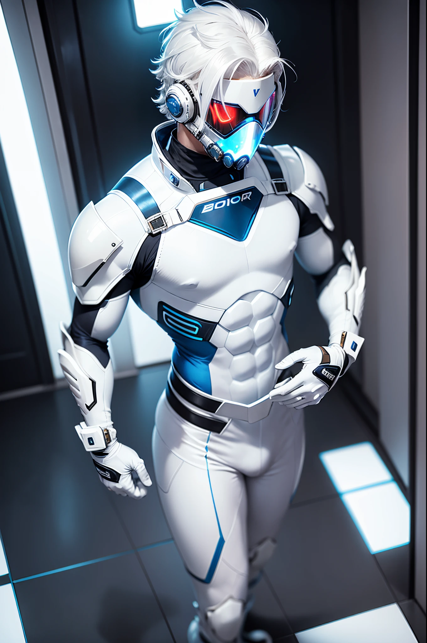 body suit, white and blue suit, futuristic suit, white gauntlets, white gloves, white hands, skin tight bodysuit, toned male, teenager, young male, futuristic gas mask and vizor, bodysuit, futuristic, sci fi, hands seen, hair visible, solo male, full body seen, white hair,