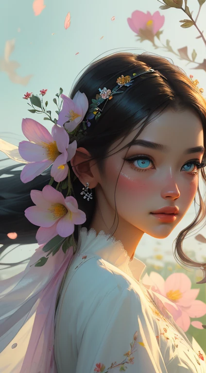 This artwork dreamy and ethereal, with colors drawing inspiration from gentle watercolors, primarily pink. Generate a delicate and demure flower maiden with soft, realistic hair dancing in the breeze. Her sweet, realistic face extremely detailed and has puffy, big lips and stunning, highly realistic eyes. Her eyes are important and should be realistic, highly detailed, and beautiful. The flower maiden wearing delicate and elegant fabric of silk and satin. She surrounded by beautiful flowers of varying sizes and colors and flower petals dancing in the wind around her. The background detailed, wild, and unruly, with wildflowers and wind and pollen creating a dynamic and compelling image. She wears an ornately flowered headdress that enhances her soft beauty. Include a soft watercolor sky. Include fantasy details, enhanced details, iridescence, colorful glittering wind, and pollen. Pay special attention to her face and make sure it beautifully and realistically detailed. The image should be dreamy and ethereal.8k, intricate, elegant, highly detailed, majestic, digital photography, art by artgerm and ruan jia and greg rutkowski, (masterpiece, finely detailed beautiful eyes: 1.2), hdr, realistic skin texture, ((fantasy00d:1)), rays of light, ornate flowers, dew drops, sunlight, hazy rays of sun