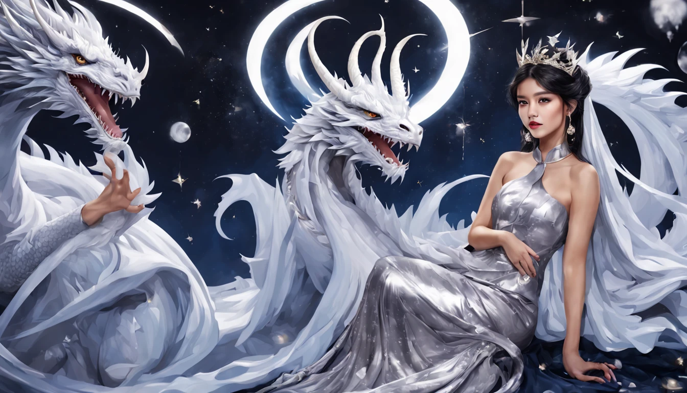 Queen of the White Dragon, mulher madura jovem, "Liza Soberano ", orelhas longas de elfos, vestido preto elegante, mama grande, Curvy, dragon ling vawy hair, Cabelos Super Longos, soft facial features, White dragon horns on his head, mulher majestosa, silver decoration on your black dress, Rainha Estrela Prateada, Grandes olhos azuis, cherry lips, White dragons, Starry sky