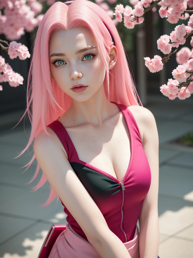 young woman, porcelain skin, long bubblegum pink hair, big pink lips, big emerald green eyes, pink eyebrows, red clothes, Sakura Haruno, 3d, realism, black gloves