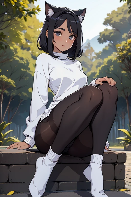 foto de corpo inteiro,cat ears on the head of a beautiful young woman wearing SAI SHORT long black socks and tight white sweater,corpo inteiro na foto,floresta a noite varias luzes,belas coxas, coxas lindas belhos olhos verdes detalhados., sueter branco apertado,maio apertado , tight pantyhose, mini saia , ceu limpo a noite com estrelas numafloresta a noite,short curto linda jovem, olhos sedutores feminino.CABELO CURTO PRETO((CABELOS CURTO PRETO))