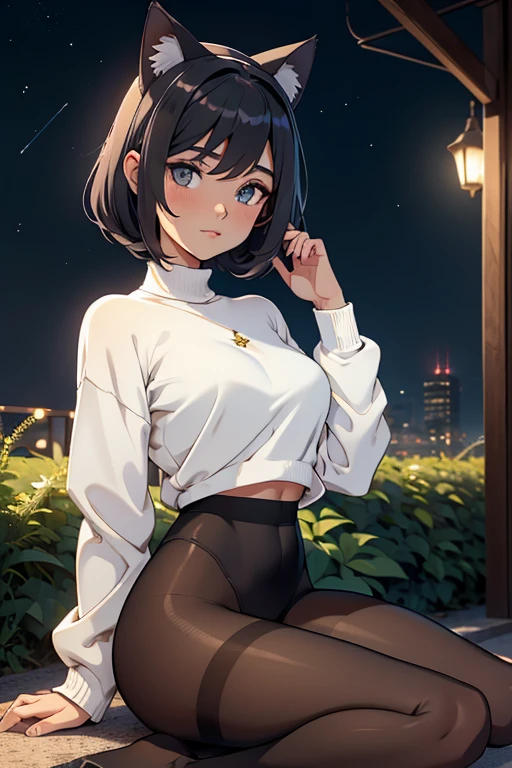 foto de corpo inteiro,cat ears on the head of a beautiful young woman wearing SAI SHORT long black socks and tight white sweater,corpo inteiro na foto,floresta a noite varias luzes,belas coxas, coxas lindas belhos olhos verdes detalhados., sueter branco apertado,maio apertado , tight pantyhose, mini saia , ceu limpo a noite com estrelas numafloresta a noite,short curto linda jovem, olhos sedutores feminino.CABELO CURTO PRETO((CABELOS CURTO PRETO))