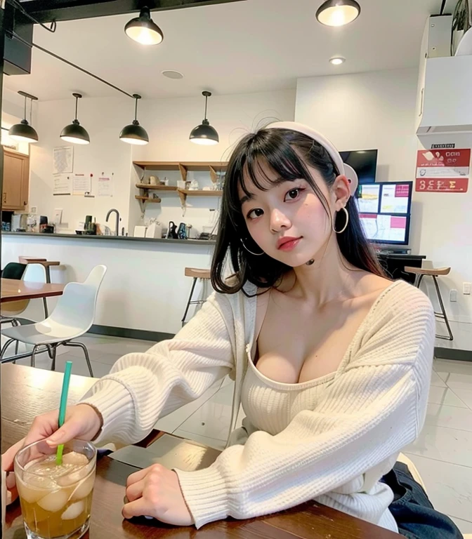 Woman sitting at a table with a drink in hand, lofi girl aesthetic, menina lofi, branco hime corte penteado, menina coreana, Ulzzang, linda mulher coreana jovem, a young asian woman, menina jovem e bonito, lofi aesthetic, young asian girl,  aesthetic, com fones de ouvido, Elogio Artstyle, Beautiful Asian girl