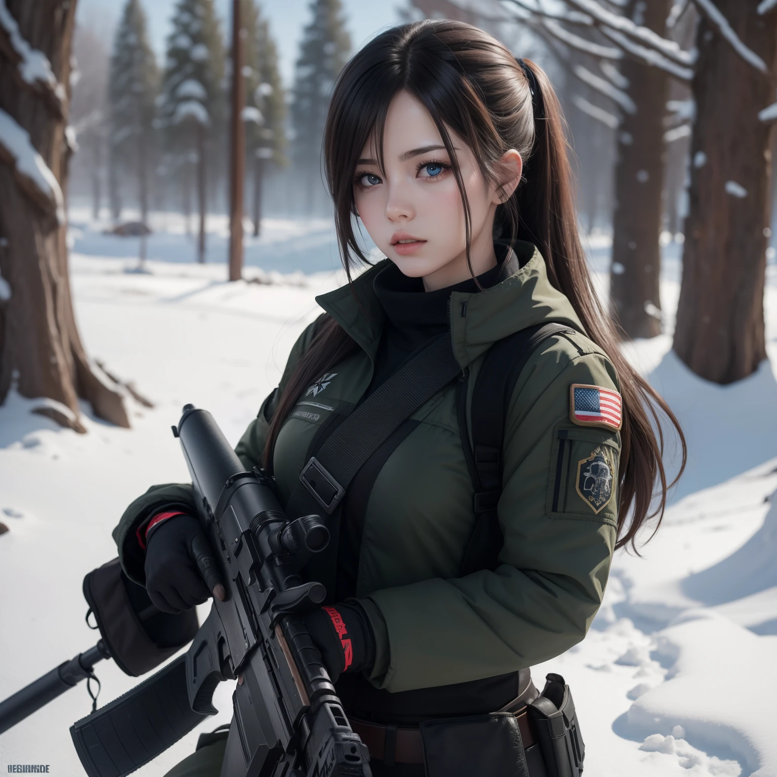 (8k, La mejor calidad, Obra maestra:1.2) personajes dos chicas de anime juntas labios rojos gruesos y calientes Ojos 4k y cara extremadamente detallados,hermosos ojos azules hermosos ,con pechos enormes muslos hechizantes cuerpo completo sentados en un banco en la nieve con un rifle, Desde NCSOFT, De Girls Frontline, Ilustraciones oficiales HDR,