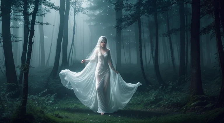 a old in a misty forest,transparent ghostly figure,long flowing hair,ethereal pale complexion,eerie glowing eyes,soft and subtle movements,captivating and mysterious presence,whispering winds,dappled moonlight filtering through dense foliage,distant echoes of haunting melodies,subtle floating orbs,bare feet gliding over moss-covered ground,otherworldly atmosphere,spiritual energy permeating the air,hauntingly beautiful and ethereal scenery,subtle shades of blue and gray,soft diffused lighting,hauntingly serene and peaceful ambiance,ethereal and intangible presence,ghostly apparition blending with the forest,ephemeral and ethereal effect,airy and weightless feel,subtle glow illuminating the surroundings,vague and elusive form,translucent and diaphanous figure,mysterious and captivating aura,gentle whispers of the unseen,shadows dancing in the moonlight,haunting and ethereal beauty,whispering secrets of forgotten tales,transcendent and ethereal experience