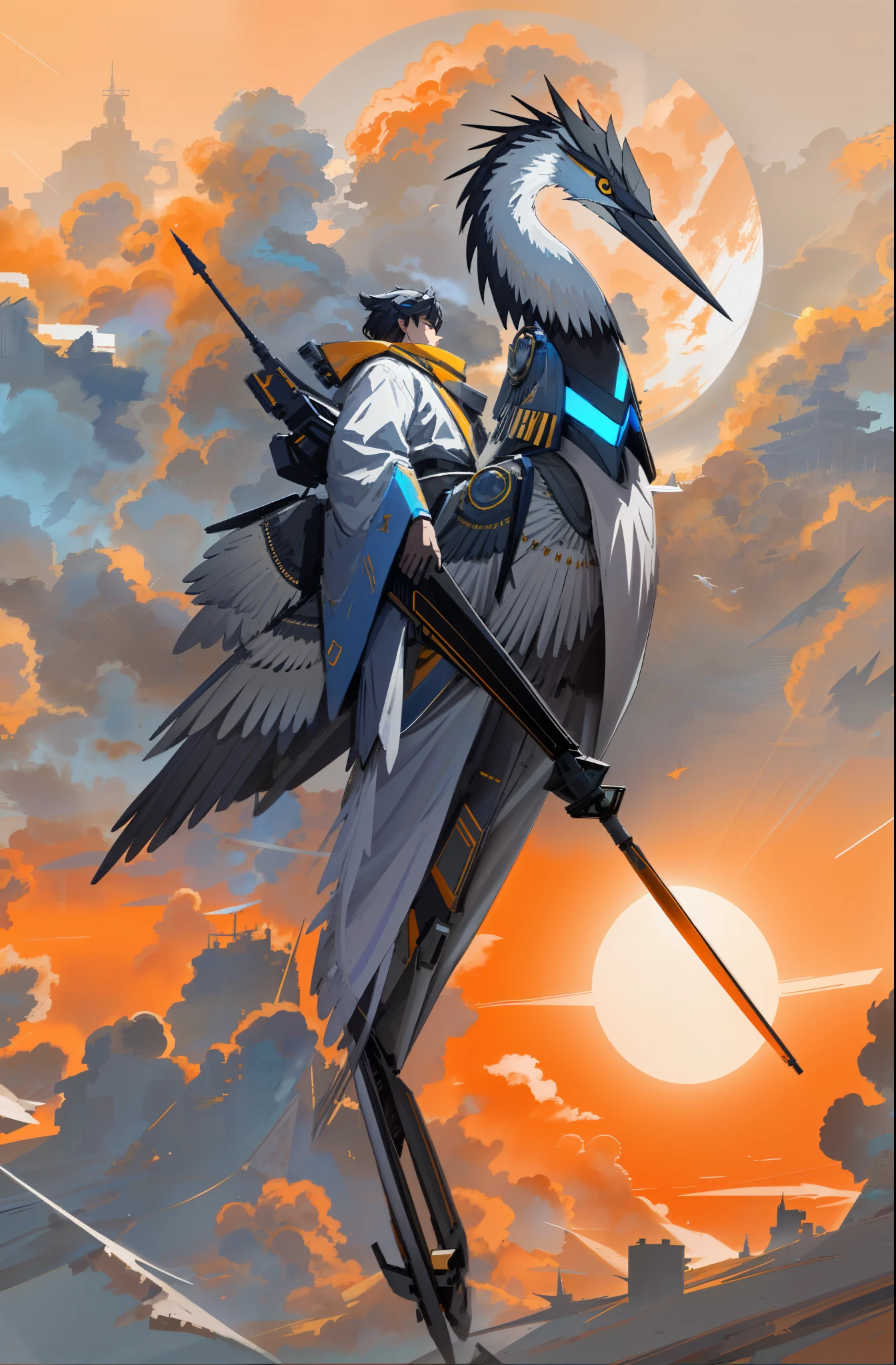 A man wrapped in a long dusy dull yellow robe wearing grey nonreflective goggles he holds a extreme long spire sword rifle combined weapon at an angle pointing down as he rides, rides a Morax, like a blue heron with a long neck and longer legs a large flightless bird 3 times the size of a man it  blue-grey in color with an extreme long pointed narrow bill both the man and bird have trible markings, accross near the horizen, in a mostly barren landscape on a far distant planet, one large ringed plannet hangs in the dusty sun baked sky, 64k resolution,Masterpiece