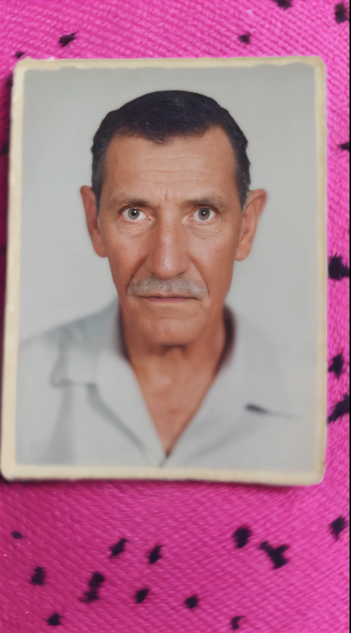 um close up de uma foto de um homem com bigode, ele tem cerca de 8 0 anos, ele tem cerca de 7 0 anos, ele tem cerca de 60 anos, ele tem cerca de 6 0 anos, foto de um homem, Foto polaroid velha damagaed, Homem de 5 0 anos, 70 anos, 7 0 anos
