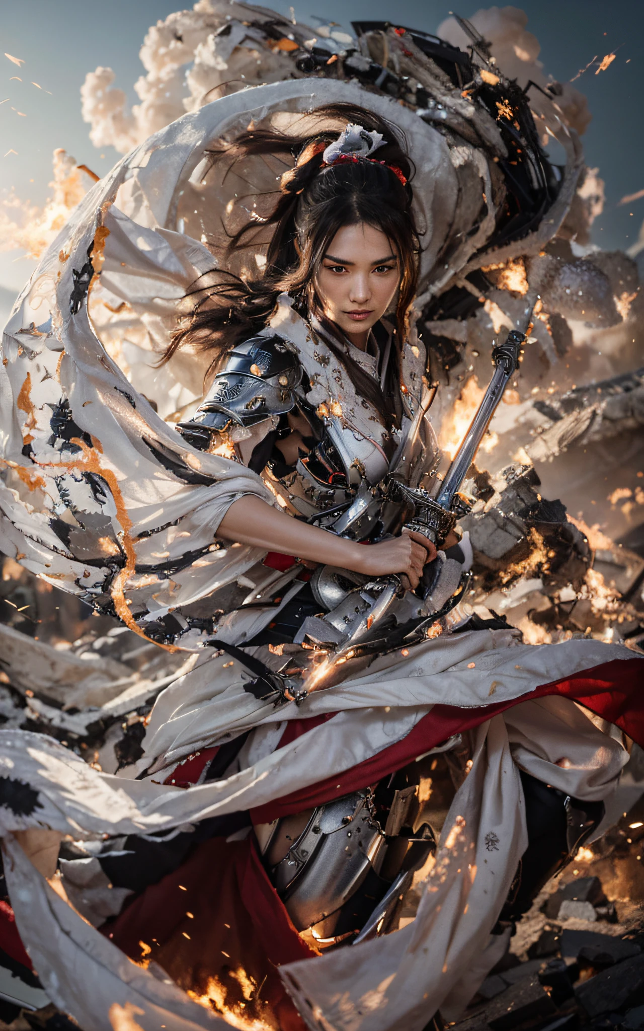 Hermosa mujer guerrera, Cara japonesa, Pelo negro muy largo, Modern Japanese style cyborg full heavy metal armor, color rojo con detalles blancos, Ropa de seda blanca, holding an ultra-modern laser-edged sword, she is in a completely destroyed modern asian city, Fuego, Explosiones, humo, 4k, Imagen ultra detallada, realista, Altamente detallado, perfect composition, splendid, Intrincadamente detallado, Incredibly detailed, 8 k artistic photography, hiper detallado, Obra maestra, Ultra detallado, hiperrealista, 4k, Imagen ultra detallada, realista, Altamente detallado, perfect composition, splendid, Intrincadamente detallado, Incredibly detailed, 8K fine art photography, hiper detallado, Obra maestra