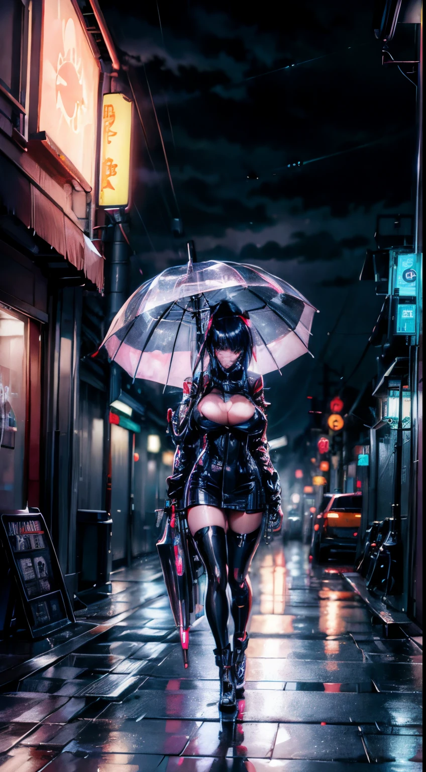 Anime style. Robotic mechanic futuristic girl walking in streets with umbrella, rain in the city, night, neon lights in streets. The girl have part human and part mechanical. Random ethinic aleatory