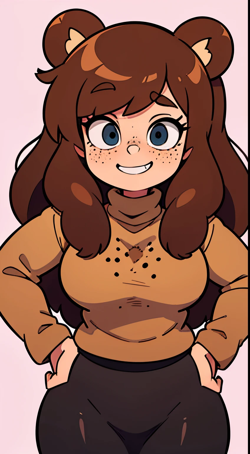 Brown long fluffy hair, fluffy hair, bear ears, bear, attractive, turtleneck sweater, turtleneck, thicc body, thicc, freckles, freckles on face smug expression, smug smile, skirt, black skirt, turtleneck shirt,