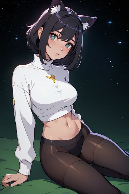 foto de corpo inteiro,cat ears on the head of a beautiful young woman wearing SAI SHORT long black socks and tight white sweater,corpo inteiro na foto,floresta a noite varias luzes,belas coxas, coxas lindas belhos olhos verdes detalhados., sueter branco apertado,maio apertado , tight pantyhose, mini saia , ceu limpo a noite com estrelas numafloresta a noite,short curto linda jovem, olhos sedutores feminino.CABELO CURTO PRETO((CABELOS CURTO PRETO))