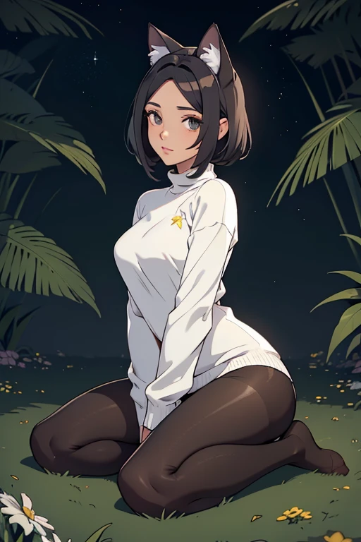 foto de corpo inteiro,cat ears on the head of a beautiful young woman wearing SAI SHORT long black socks and tight white sweater,corpo inteiro na foto,floresta a noite varias luzes,belas coxas, coxas lindas belhos olhos verdes detalhados., sueter branco apertado,maio apertado , tight pantyhose, mini saia , ceu limpo a noite com estrelas numafloresta a noite,short curto linda jovem, olhos sedutores feminino.CABELO CURTO PRETO((CABELOS CURTO PRETO))