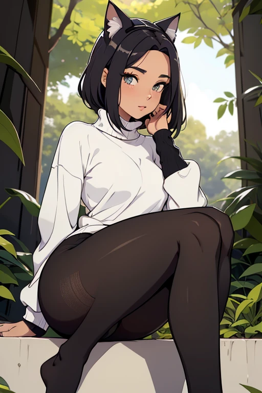 foto de corpo inteiro,cat ears on the head of a beautiful young woman wearing SAI SHORT long black socks and tight white sweater,corpo inteiro na foto,floresta a noite varias luzes,belas coxas, coxas lindas belhos olhos verdes detalhados., sueter branco apertado,maio apertado , tight pantyhose, mini saia , ceu limpo a noite com estrelas numafloresta a noite,short curto linda jovem, olhos sedutores feminino.CABELO CURTO PRETO((CABELOS CURTO PRETO))