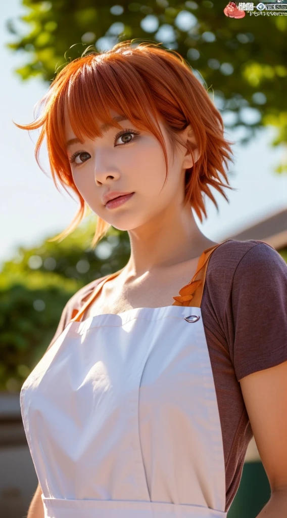 (beste-Qualit、8K、32K、​masterpiece、tfwiki:1.2)、Photo of a cute Japanese woman, Orange short hair、beauitful face、((bent forward:1.3))、(From  above:1.2)、(a closeup:1.4)、pov、Spacious apron、Cute apron、large full breasts、(beautiful nipple slips:0.9)、the wind、shinny skin、kitchin、