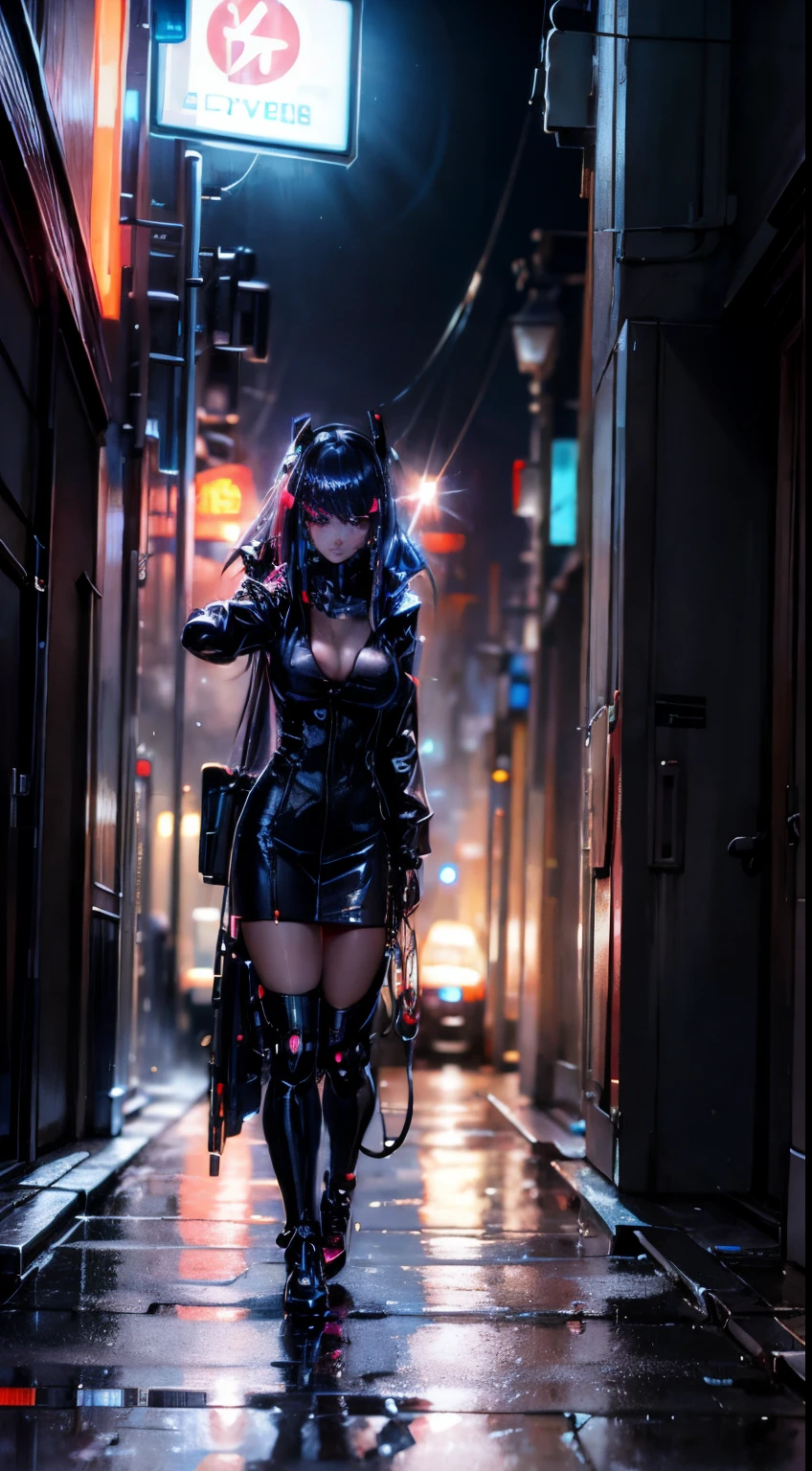 Anime style. Robotic mechanic futuristic girl walking in streets with umbrella, rain in the city, night, neon lights in streets. The girl have part human and part mechanical. Random ethinic aleatory