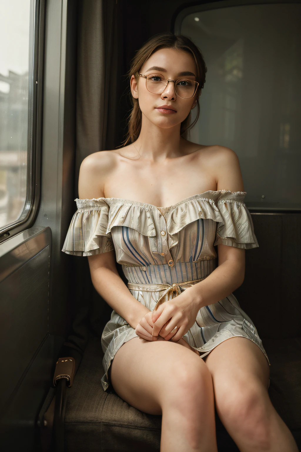 (Best quality, Ultra detailed, Golden ratio, Masterpiece:1.2), Theatrical lighting:0.7, Photo of a woman, dressed in a very elegant and pretty dress, Perfect rare face, (Highly detailed skin), randomly dyed hair, Hide your mouth with your hands、Ridicule, skin texture, Pale skin, shiny skin, (thin, large size:1.2), [:(Sharp focus on rare face, perfect eyes:1.2):0.2], photorealistic, film grain, Put one foot forward、from below looking up、look at camera、Emphasize the shoulders, Focus on face、Stockings、glasses、Smile with corners of mouth raised、disdainful expression, summer haze, muted colors, muted warm colors, Photo cinematic portrait of a woman dressed in a striped dress sitting by the window in the early morning, cinematic, (tilted:1.3) (on an old train) look cautious, standing under a spotlight, volumetric dust clouds, key light, backlight, soft natural lighting, photography Film grain ISO 400 30 mm lens RAW f1.8 aperture, highly detailed (analog photography:1), colors hdr