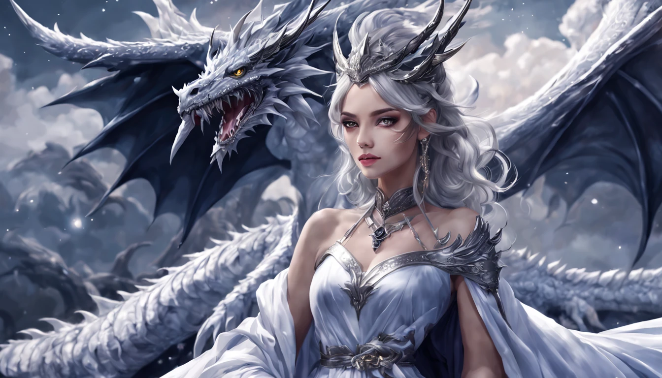 Queen of the White Dragon, mulher madura jovem, "Chou Tzu-yu", orelhas longas de elfos, vestido preto elegante, mama grande, Curvy, dragon ling vawy hair, Cabelos Super Longos, soft facial features, White dragon horns on his head, mulher majestosa, silver decoration on your black dress, Rainha Estrela Prateada, Grandes olhos azuis, cherry lips, White dragons, Starry sky