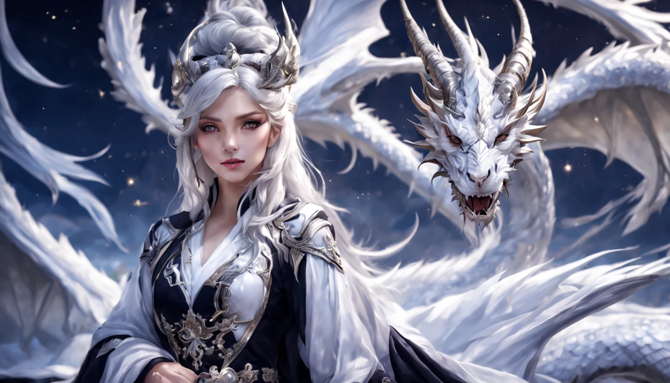 Queen of the White Dragon, mulher madura jovem, "Chou Tzu-yu", orelhas longas de elfos, vestido preto elegante, mama grande, Curvy, dragon ling vawy hair, Cabelos Super Longos, soft facial features, White dragon horns on his head, mulher majestosa, silver decoration on your black dress, Rainha Estrela Prateada, Grandes olhos azuis, cherry lips, White dragons, Starry sky