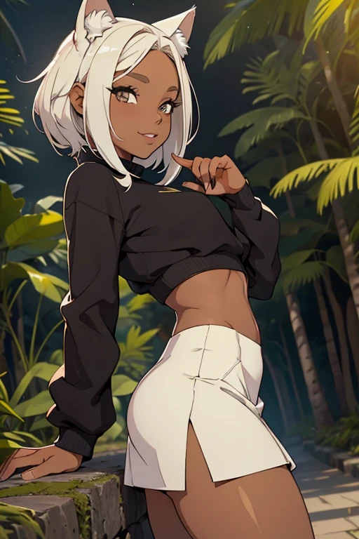 foto de corpo inteiro,cat ears on the head of a beautiful young woman wearing a short skirt, usando meias preta longas e sueter branco apertado,corpo inteiro na foto,floresta a noite varias luzes,belas coxas, coxas lindas belhos olhos verdes detalhados., sueter branco apertado,maio apertado , tight pantyhose, mini saia , ceu limpo a noite com estrelas numafloresta a noite,short curto linda jovem, olhos sedutores feminino.CABELO CURTO PRETO((CABELOS CURTO PRETO)) belos olhos , sorriso lindo