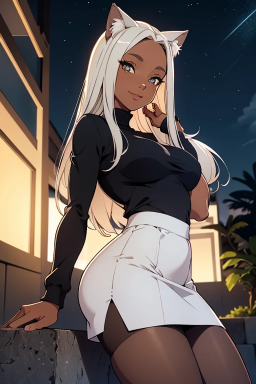 foto de corpo inteiro,cat ears on the head of a beautiful young woman wearing a short skirt, usando meias preta longas e sueter branco apertado,corpo inteiro na foto,floresta a noite varias luzes,belas coxas, coxas lindas belhos olhos verdes detalhados., sueter branco apertado,maio apertado , tight pantyhose, mini saia , ceu limpo a noite com estrelas numafloresta a noite,short curto linda jovem, olhos sedutores feminino.CABELO CURTO PRETO((CABELOS CURTO PRETO)) belos olhos , sorriso lindo