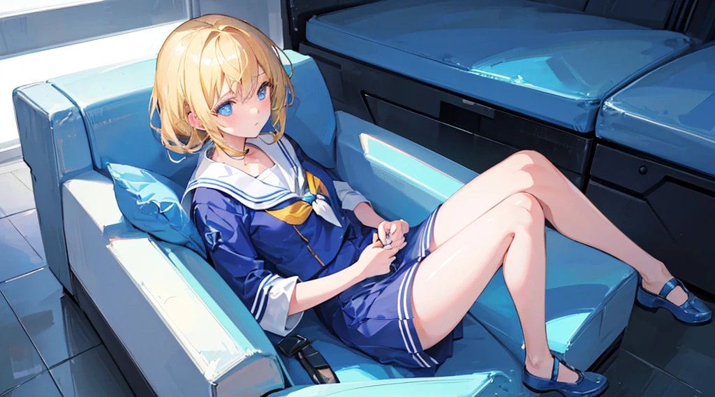 (1 girl, blonde hair, blue eyes, sailor suit, sitting on a blue sofa, kawaii), (space elevator, blue cyberpunk, blue neon)