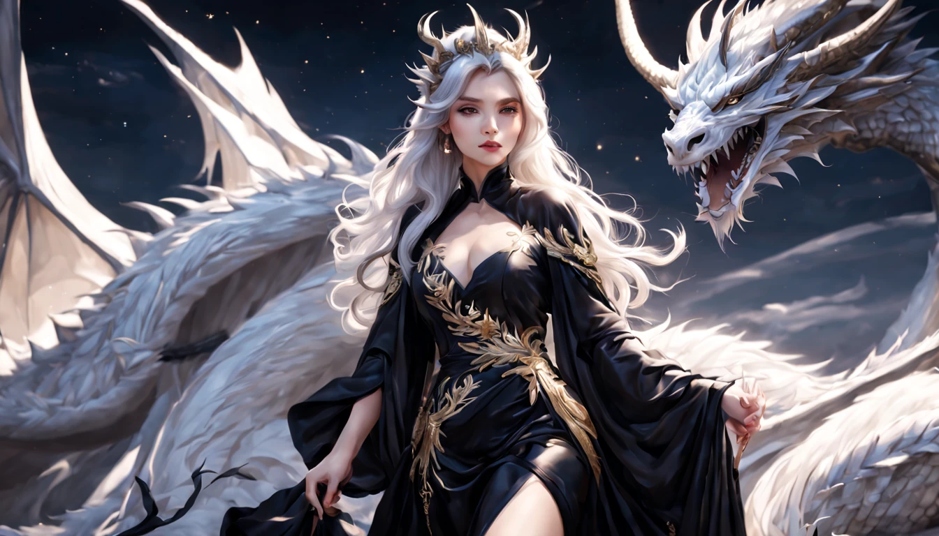 Queen of the White Dragon, mulher madura jovem, "Chou Tzu-yu", orelhas longas de elfos, vestido preto elegante, mama grande, Curvy, dragon ling vawy hair, Cabelos Super Longos, soft facial features, White dragon horns on his head, mulher majestosa, silver decoration on your black dress, Rainha Estrela Prateada, Grandes olhos azuis, cherry lips, White dragons, Starry sky