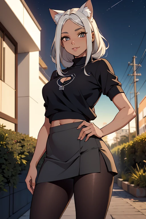 foto de corpo inteiro, todo o corpo , cat ears on the head of a beautiful young woman wearing a short skirt, usando meias preta longas e sueterpreto apertado ,corpo inteiro na foto,floresta a noite varias luzes,belas coxas, coxas lindas belhos olhos escuros detalhados, sueter branco apertado,maio apertado , tight pantyhose, mini saia , ceu limpo a noite com estrelas numa floresta a noite,short curto linda jovem, olhos sedutores feminino.CABELO CURTO PRETO((CABELOS CURTO PRETO))salto alto, em pe, salto alto preto belos sorriso