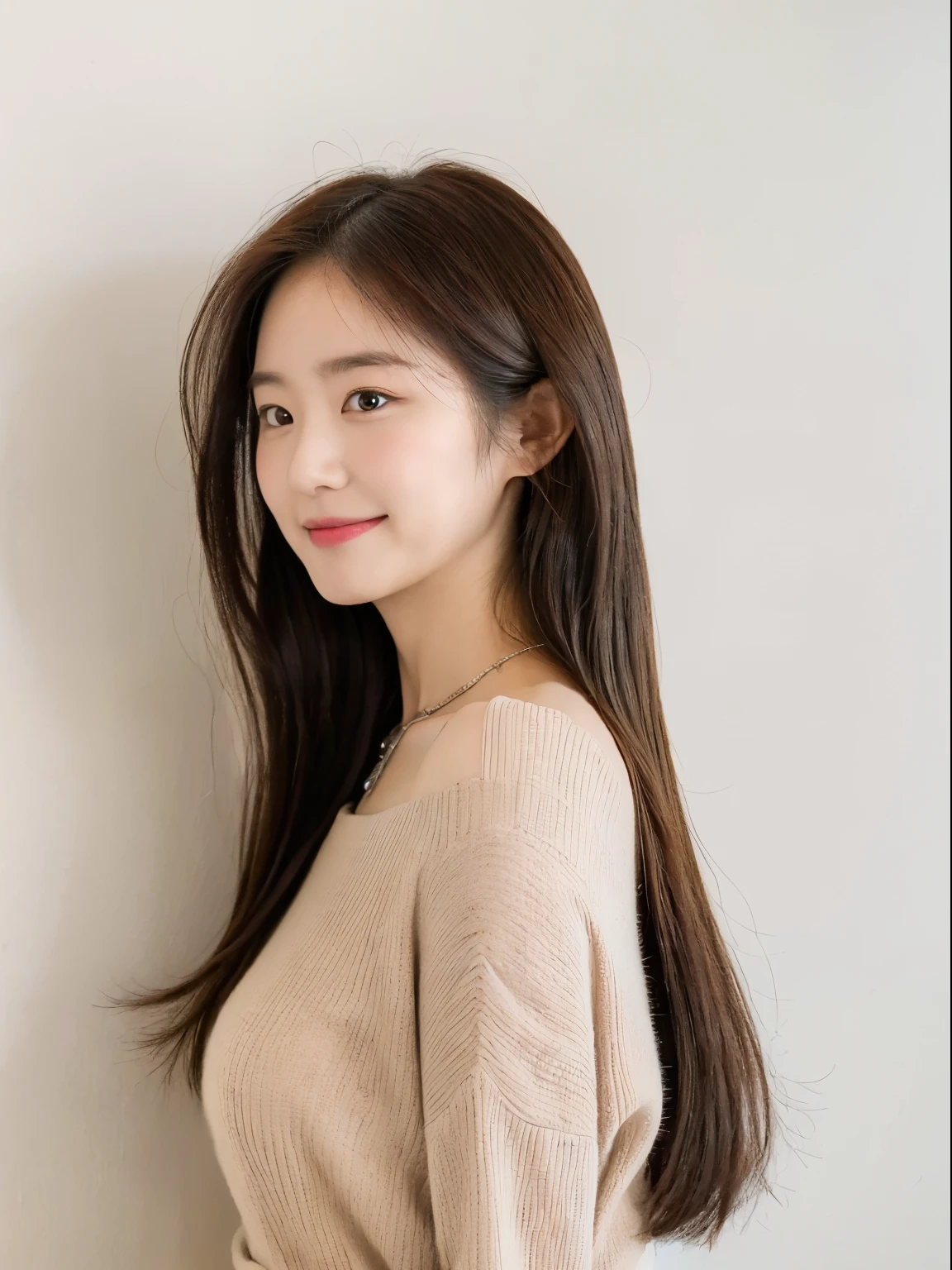 ((Best Quality, 8K, masutepiece: 1.3)), Focus: 1.2, Perfect Body Beauty: 1.4, Buttocks: 1.2, (Dark brown hair),white walls、Taken in front of the white door、(white wall room with window) , Bandeau Dress: 1.1, Highly detailed facial and skin texture, Fine eyes, Whitened skin, (Longhaire)、 (Medium hair), (Round face: 1.5), Smile、The correct state of the human body、Autumn clothes、Winter clothes、Simple Necklace、Winter clothes、Poses variadas、(Beautiful profile:1.3)、Shot in natural light、japanes,(详细的脸)