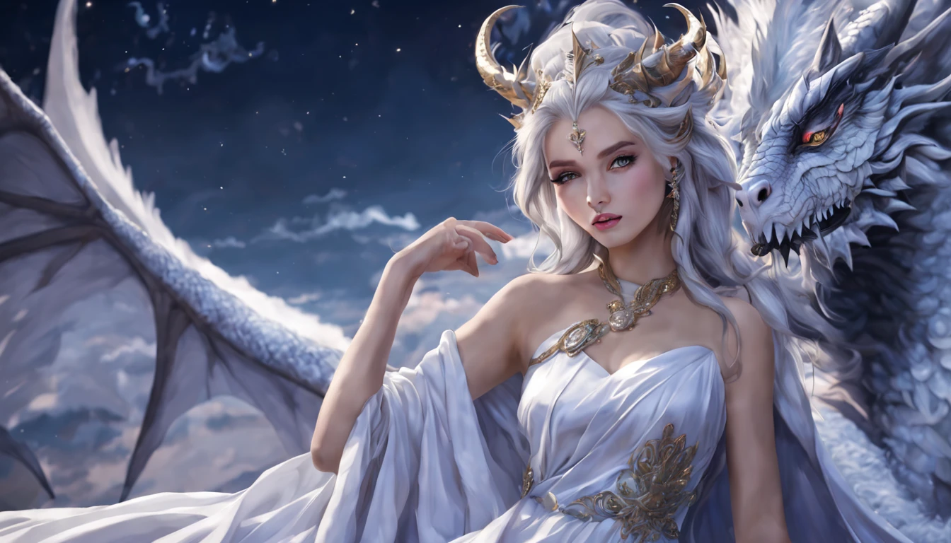 Queen of the White Dragon, mulher madura jovem, "Chou Tzu-yu", orelhas longas de elfos, vestido preto elegante, mama grande, Curvy, dragon ling vawy hair, Cabelos Super Longos, soft facial features, White dragon horns on his head, mulher majestosa, silver decoration on your black dress, Rainha Estrela Prateada, Grandes olhos azuis, cherry lips, White dragons, Starry sky