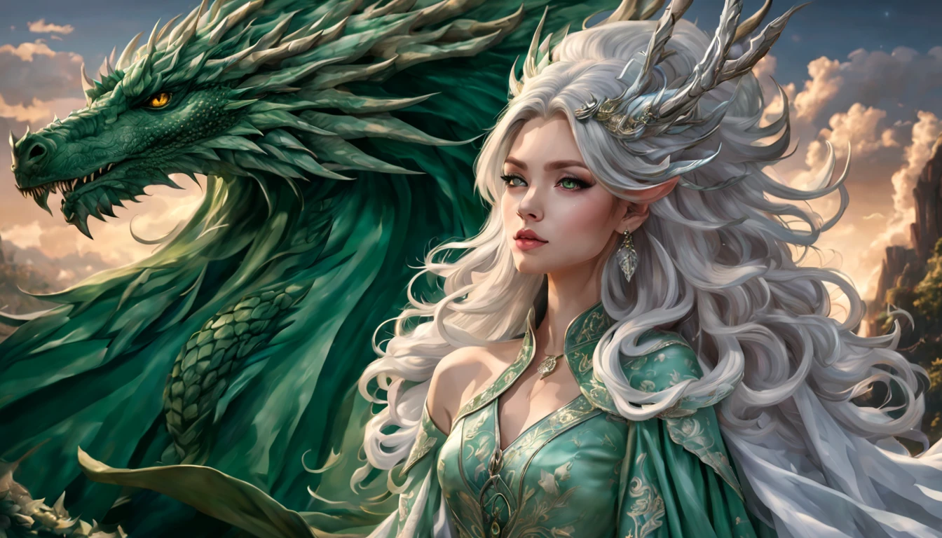 Queen of the White Dragon, mulher madura jovem, "Jennie Kim", orelhas longas de elfos, vestido esmeralda elegante, mama grande, Curvy, dragon ling vawy hair, Cabelos Super Longos, soft facial features, White dragon horns on his head, mulher majestosa, silver decoration on her emerald dress, Rainha Estrela Prateada, Grandes olhos azuis, cherry lips, White dragons, Starry sky