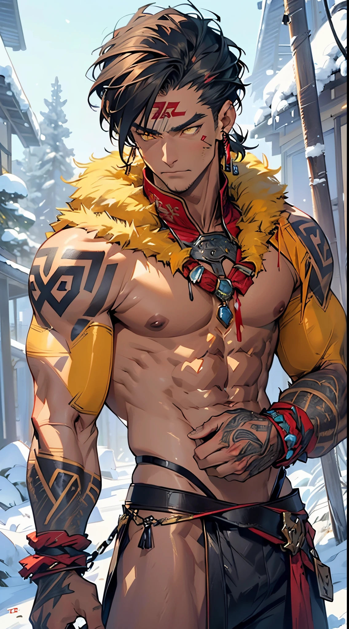 (((A man wolf,were wolf,werewolf))),no human,detailed lycanthrope,man animal,

epic, highly detailed feral canine man, sharp claws, furry art, furaffinity, sofurry,muscle,big muscle,pectoral,big pectoral, muscular,perfect body,(((yellow_eyes:1.3))),intricate eyes,((muscular:1.5)),((toned body)),

angry,((nsfw)),   

((muscle legs,muscular thighs,strong and muscular,muscular,(ABS:1.1))),fit,((arm muscles,leg muscles)),(bulky:1.2)),((expression is usually fierce and wild)),

(((bare chest,naked torso))),(black linen tunic, himation),((bulge in tunic)),((chains)),(earrings),(loincloth),(exposed navel),(((elaborate and intricate tattoo,tribal tattoos))),((tribal clothes:1.5)),(barbarian fur crop top),(wearing brown furs and hides),(leather straps),(((red war paint all over his body)))),(((intricate outfit,intricate clothes,ornate outfit))),

(dynamic pose:1.0),(centered,scale to fit dimensions,Rule of thirds),

((snowy pine forest at night)),with dark stormy clouds,winter,scenery:1.25,intricate scenery,((snow forest background)),Christmas tree,

(Glossy winter ornaments),highres,sharp focus,(ultra detailed,extremely detailed),(photorealistic artwork:1.37),(extremely detailed CG unity 8k wallpaper),(((vibrant colors,vibrant theme))),(intricate),(masterpiece),(best quality),