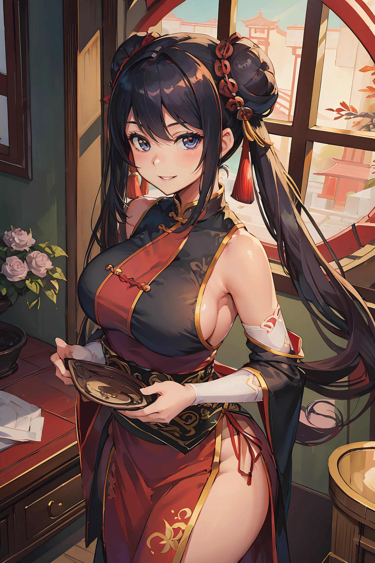 Original Character, Volumetric Lighting, Best Shadows, Shallow Depth of Field, Portrait Of Stunningly Beautiful Girl, Delicate Beautiful Attractive Face With Alluring Red Eyes, Sharp Eyebrows, Seductive Smiling, Closed Mouth, Lovely Medium Breasts, Layered Medium Twintail Black Hair, Double Hair Bun, Blush Eyeshadow, Chinese Traditional Dress, SideBoobs, Side Slit, Tassel Belt, Pelvic Curtain, Wide Hips, Bridal Gauntlets, Chinese Architecture Style Interior, Night Sky, Lattice Round Window, Antique Folding Screen, Bonsai Trees, Flowers, Standing, (Highest Quality, Amazing Details:1.25), (Solo:1.3), Brilliant Colorful Paintings