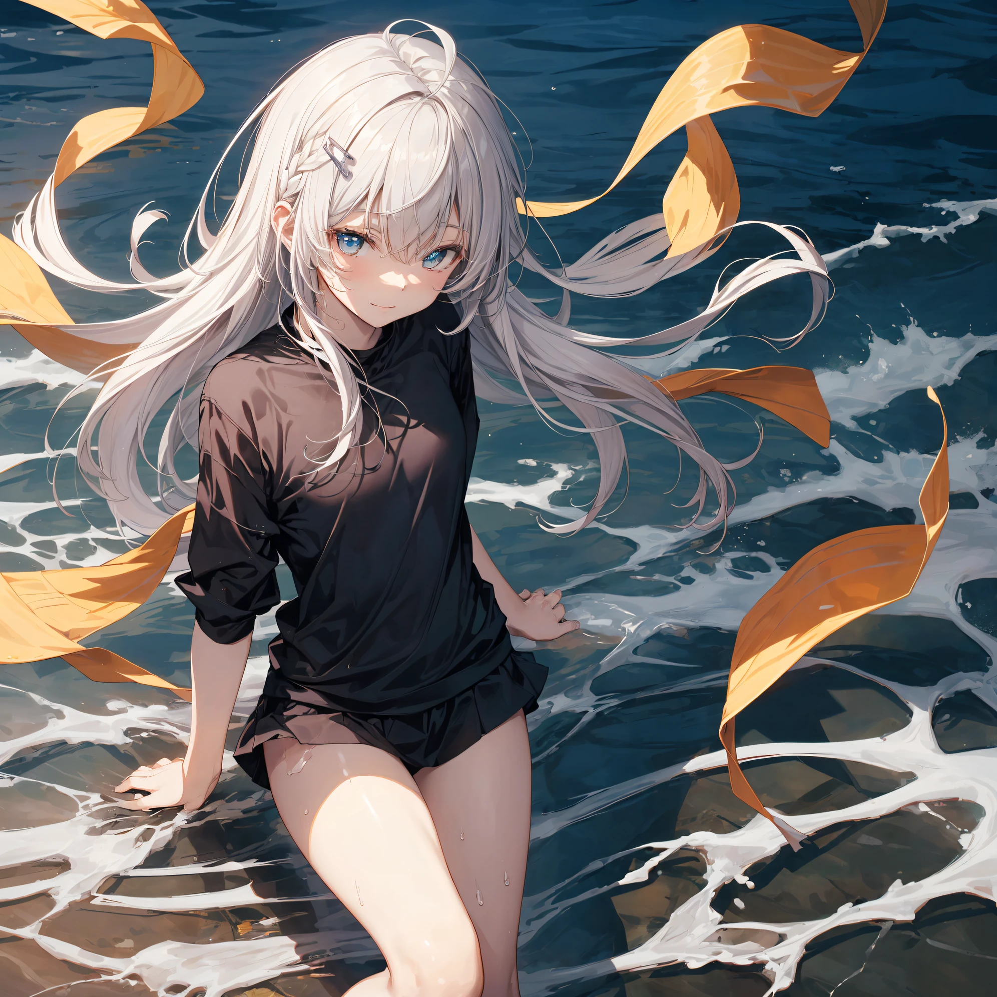 of the highest quality, anime moe art style,Best Anime 8K Konachan Wallpapers,Pixiv Contest Winner,Perfect Anatomy, BREAK,(Draw a picture of a girl in a swimsuit walking on the beach.),BREAK, 1girl is a beautiful girl with poor luck.,(Solo,Lori,,14yea:1.3),a junior imbs, complete fingers, short silver hair, Forehead, (Hair over one eye:1.4),Small breasts, Small butt, Beautiful detailed eyes, well-proportioned student,groin, Wet, Shiny skin, Cowboy Shot, hair clips, Swimsuit, A slightly rippling smile,in beach.BREAK,Ultra-detailed,High resolution,super detailed skin,
Best lighting by professional AI,Illustration,