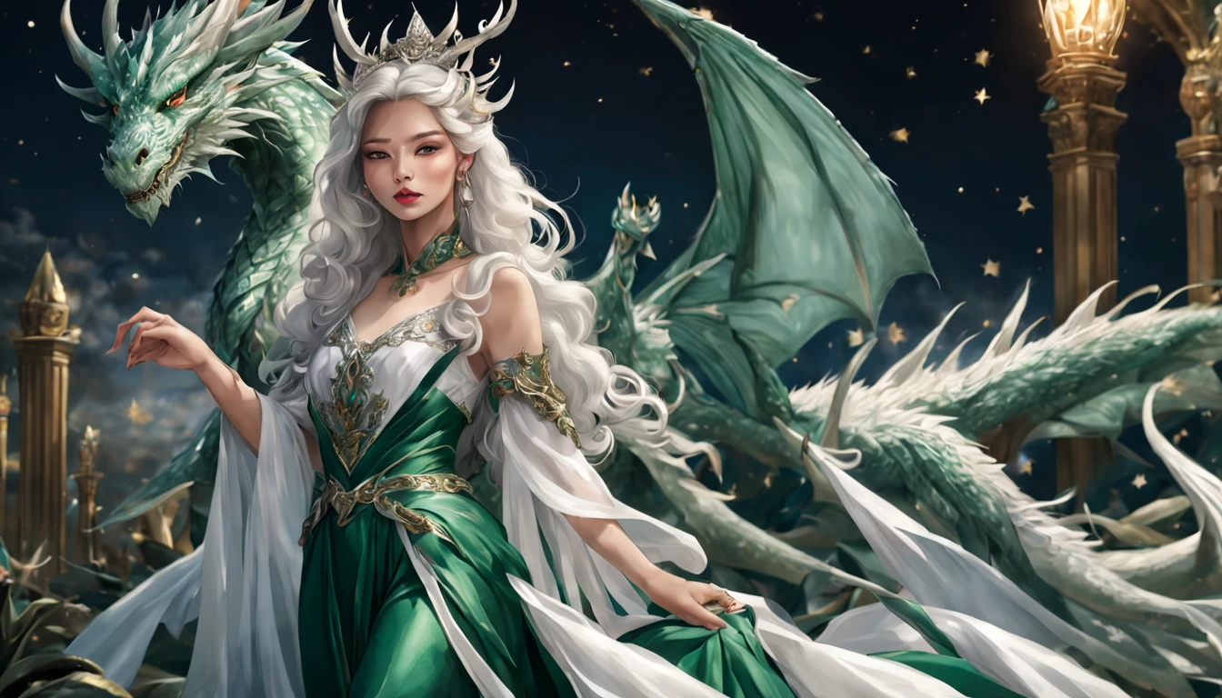 Queen of the White Dragon, mulher madura jovem, "Jennie Kim", orelhas longas de elfos, vestido esmeralda elegante, mama grande, Curvy, dragon ling vawy hair, Cabelos Super Longos, soft facial features, White dragon horns on his head, mulher majestosa, silver decoration on her emerald dress, Rainha Estrela Prateada, Grandes olhos azuis, cherry lips, White dragons, Starry sky