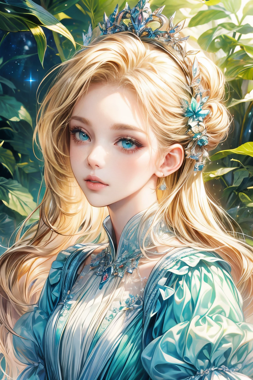 (best quality:1.4),(masterpiece:1.4),ultra-high resolution,8K,CG,(exquisite:1.2),upper body,1 girl,lonesome,Thumbelina,little princess,blue taffeta court dress,forest background,detailed facial features,blond hair, almond-shaped eyes,detailed eye makeup,long eyelashes,green eyes and starry gaze, exquisite lip details,soft and harmonious style