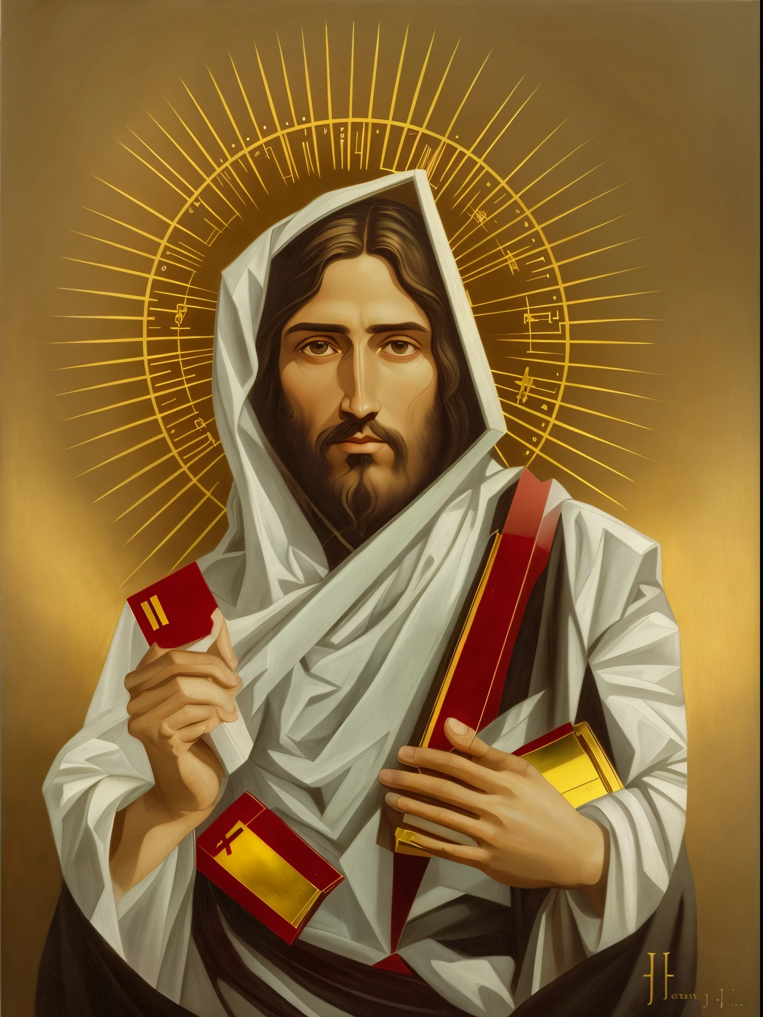 painting of jesus holding a cross and a card in his hands, catholic icon, portrait of jesus christ, jesus of nazareth, cyberpunk jesus christ, by Carlo Martini, catholic religious art, by Juan O'Gorman, jesus, roman catholic icon, artist unknown, masterpiece work of art, religious art, jesus christ, religious iconography