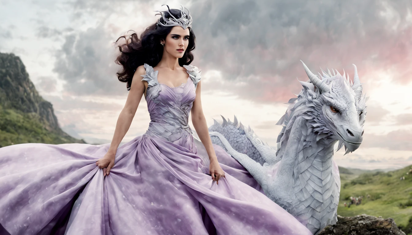 Queen of the White Dragon, mulher madura jovem, "Jennifer Connelly", Orelhas longas de elfos, elegant lilac Ruby dress, mama grande, Curvy, dragon ling vawy hair, Cabelos Super Longos, soft facial features, White dragon horns on his head, Mulher majestosa, silver decoration on her Ruby lilac dress, Rainha Estrela Prateada, Grandes olhos azuis, cherry lips, White dragons, starly sky