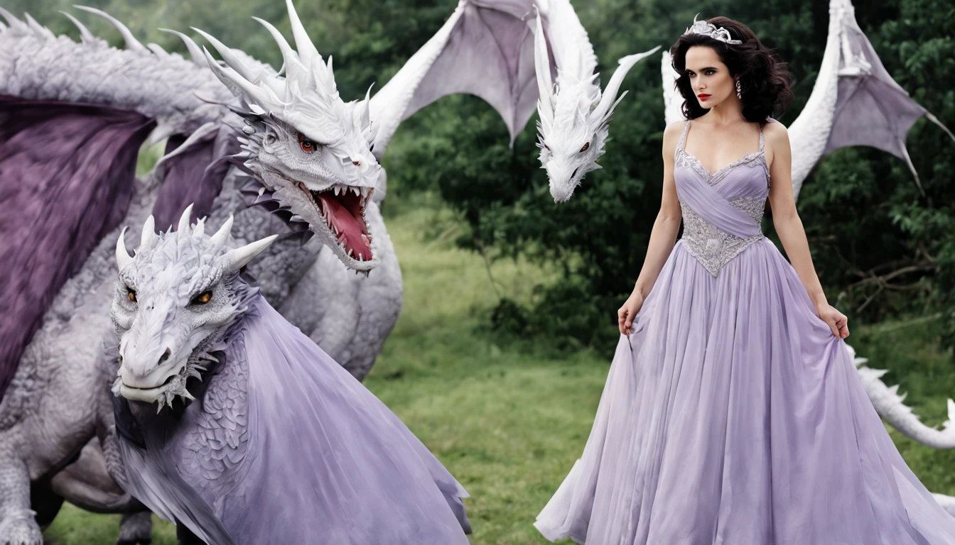 Queen of the White Dragon, mulher madura jovem, "Jennifer Connelly", Orelhas longas de elfos, elegant lilac Ruby dress, mama grande, Curvy, dragon ling vawy hair, Cabelos Super Longos, soft facial features, White dragon horns on his head, Mulher majestosa, silver decoration on her Ruby lilac dress, Rainha Estrela Prateada, Grandes olhos azuis, cherry lips, White dragons, starly sky