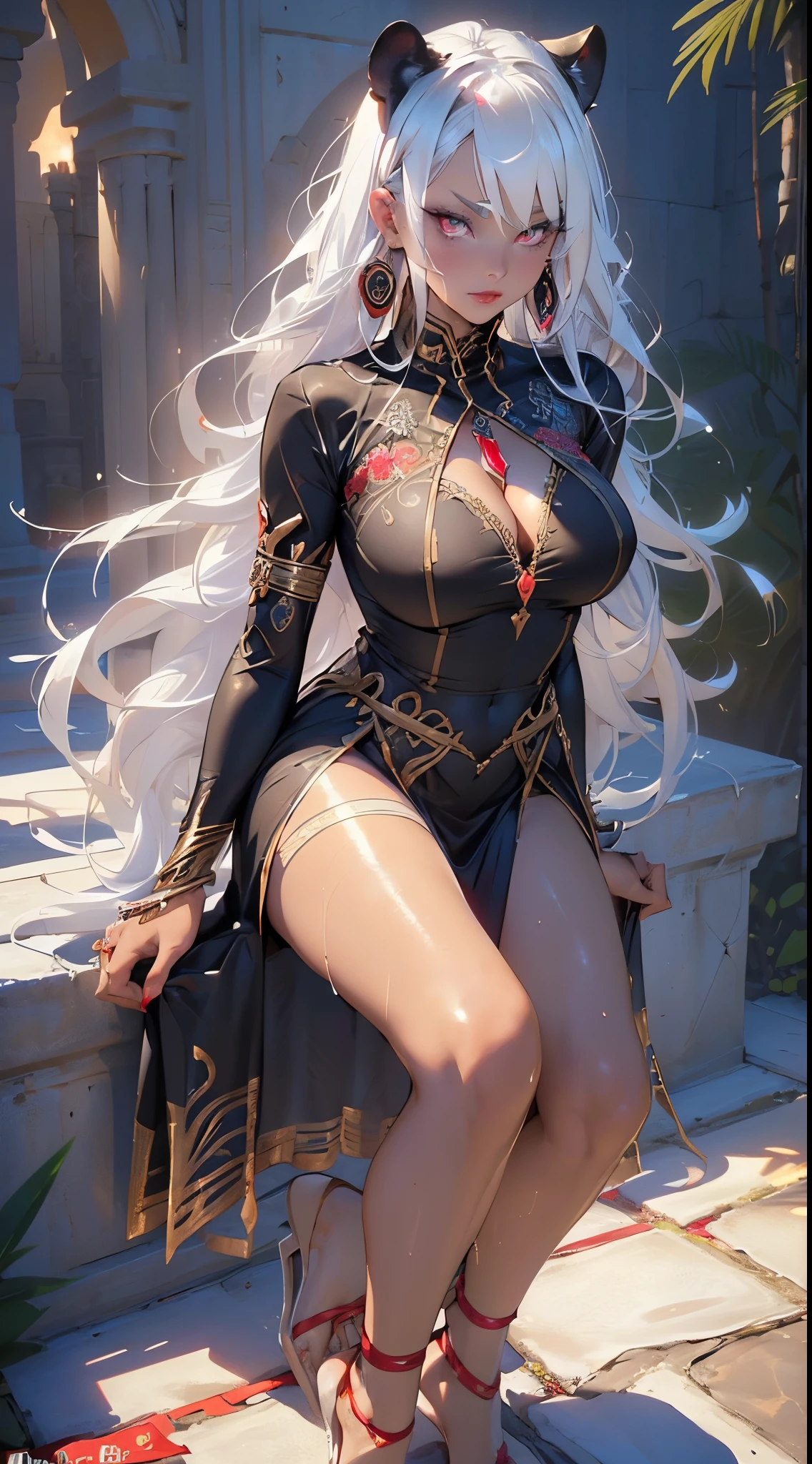 goddess panther woman from ancient Egypt,female,((milf,mom,mature,mature woman,45 years old female,adult)),

(((panther woman,anthro furry cute,panther female warrior,panther-girl,tail,panther tail,panther ears,thin panther tail))),(large breasts:1.4,saggy breasts),((white hair:1.4,straight white hair,long white hair:1.4,colored inner hair)),(((red_eyes:1.3))),intricate eyes,beautiful detailed eyes,symmetrical eyes,(((lustrous skin:1.5,tanned skin,bright skin: 1.5,skin tanned,shiny skin,very shiny skin,shiny body))),(spider lower abdomen,narrow waist,wide hip,athletic body,inflated legs),(((detailed face))),beautiful detailed lips,

slutty,sensual,seductive look,seductive,((erotic)),opulent,sumptuous,(((nsfw))),

revealing clothing,show skin,cleavage,(barefoot,),queen,goddess,fantasy,(beautiful dark clothes,dark silk,strapless dress,black dress,dark clothes,very short dress skirt),(eyeshadow,egyptian makeup,eyelid makeup,red lips,red lipstick),((bone jewelry,bone earrings,intricate bone necklace)),(((Transparent dress:1.5,wet clothes,intricate outfit,embroidered outfit,ornate outfit,intricate clothes,embroidered clothes,ornate clothes))),

dynamic and seductive pose,looking at viewer,(angry),centered,scale to fit dimensions,Rule of thirds,

inside a cavern,pillars,((pillars background,underground palace,egyptian palace background,pyramids in the background)),scenery,extremely scenery,(torches,torches in the background),Egypt castle,(sunset, golden hour),

(Glossy Egyptian ornaments),(top-quality,8K,32K,​masterpiece),high resolution,(Photorealistic:1.4),Ray tracing,Sun glare,depth of fields,By backlight effect,Add depth to your screen,(((vibrant colors,vibrant theme))),(intricate),(high contrast,photorealistic artwork:1.37),(best quality,4k,highres,masterpiece:1.2),ultra-detailed,(realistic,photorealistic,photo-realistic:1.37),professional,