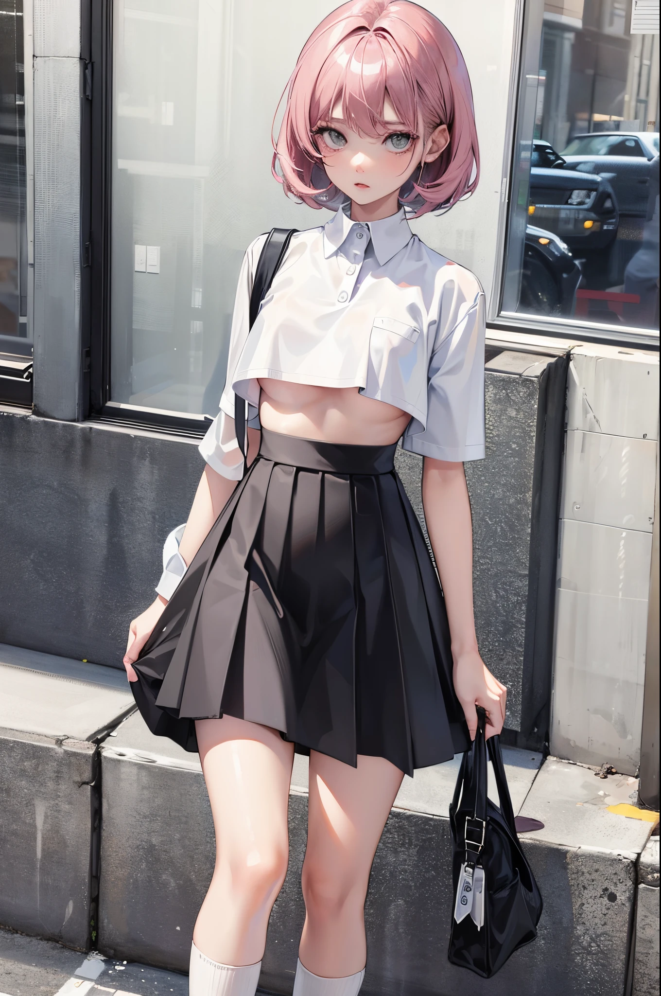 18 years old girls,Permanent,pair,wearing tennis shoes,(smallunderboob, Lively),(Glossy glossy skin:1),Wide hips,sharp vision,A detailed eye,The beautiful,Skirt up shot,long shirt,Gray school skirt,white  shirt,in pink,Thin lips,Open,Medium hair,,Focus on the knee-length socks below, looking-down),NSFW,