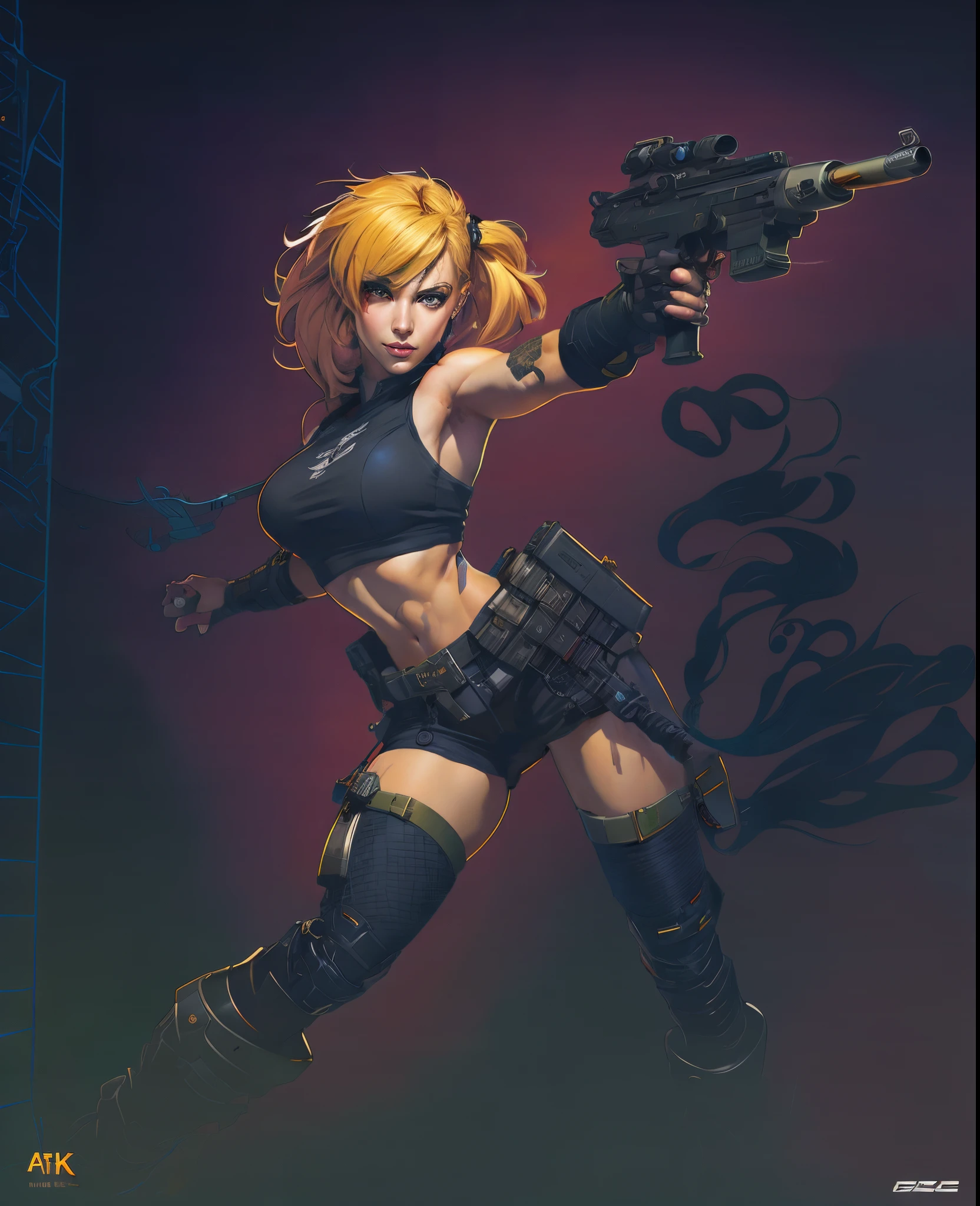 Beautiful quirky blonde Tank gal, a cigarello, wearing a pony tail hair style, tatoos, band aides, apocolymptic battle zone, comic art 8k resolution,ARTSTYLE_AlexRoss_ComicArt_ownwaifu,gun, face and goggles, artwork in the style of guweiz, guweiz, tank gal, artgerm craig mullins, greg tocchini, inspired by Jules Chéret, lois van baarle and rossdraws, lois van rossdraws, ross tran!!!, wojtek fus