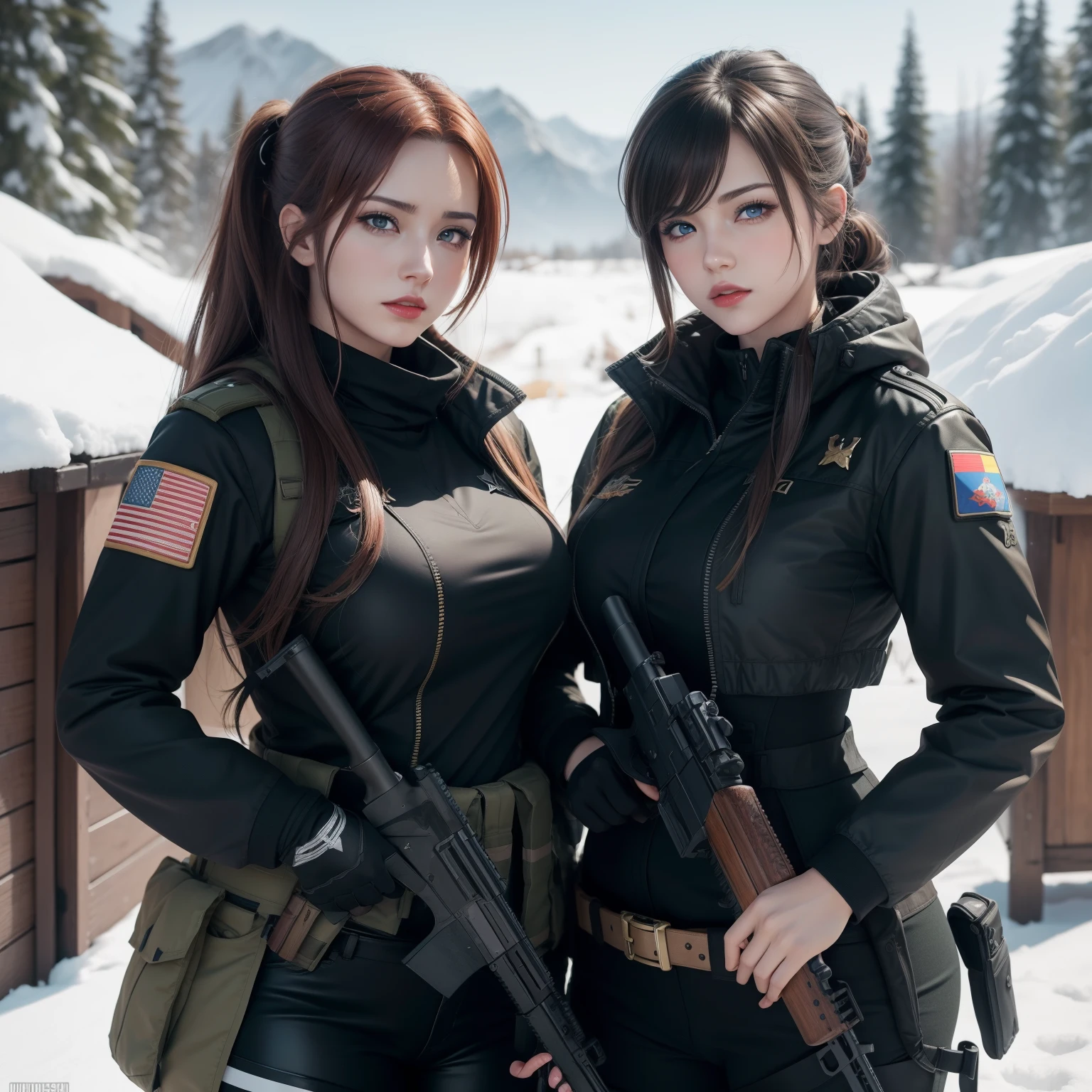 (8k, La mejor calidad, Obra maestra:1.2) characters two anime girls together russian army thick hot red lips 4k eyes and face extremely detailed,hermosos ojos azules hermosos ,con pechos enormes muslos hechizantes cuerpo completo sentados en un banco en la nieve con un rifle, Desde NCSOFT, De Girls Frontline, Ilustraciones oficiales HDR,